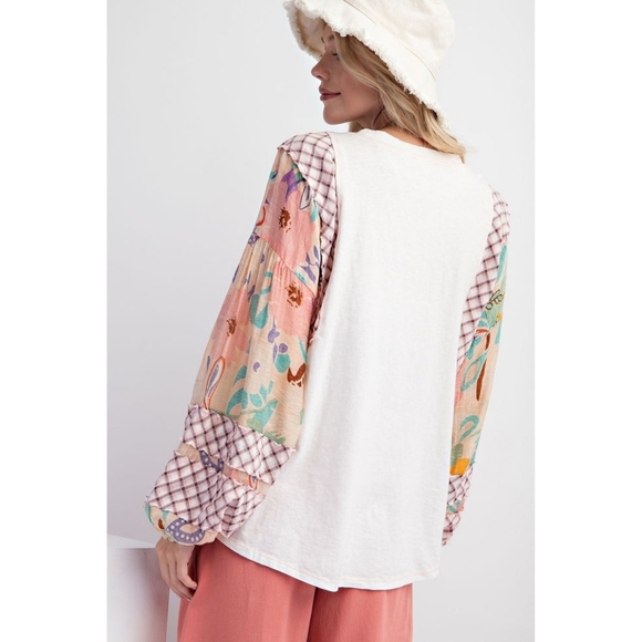 ⭐⭐Easel Plus Size Boho Patchwork Cotton Floral Top, Mineral Wash Tee - Picture 4 of 5